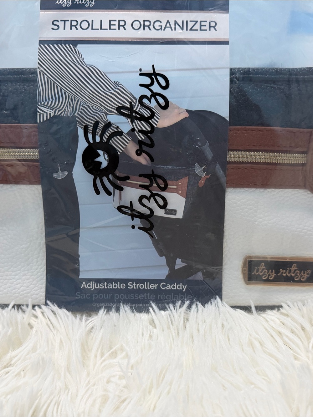 Itzy Ritzy Stroller Organizer in White with Brown Trim and Black Accents
